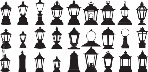 Vintage street lantern silhouettes set with classic old town lamp designs, black retro lighting icons