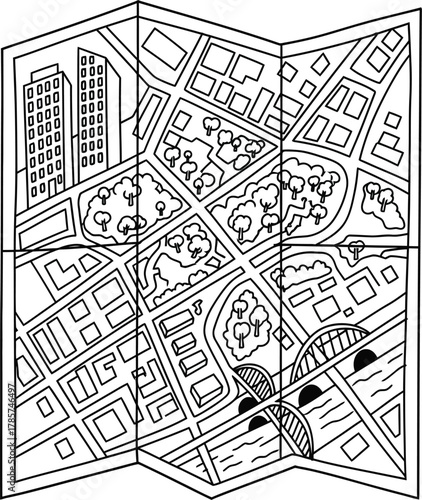 City map illustration folded paper street guide travel destination plan eps silhouette
