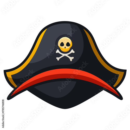 a classic black pirate hat (tricorn) with upturned brims