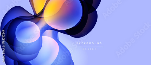 Abstract fluid shapes overlap, creating vibrant color gradients. Purple background complements dynamic design elements. Modern, smooth aesthetic.