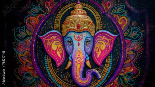 Wallpaper Mural Colorful elephant artwork featuring intricate designs and vibrant hues in a circular arrangement set against a dark background, showcasing the beauty of cultural artistry and craftsmanship Torontodigital.ca