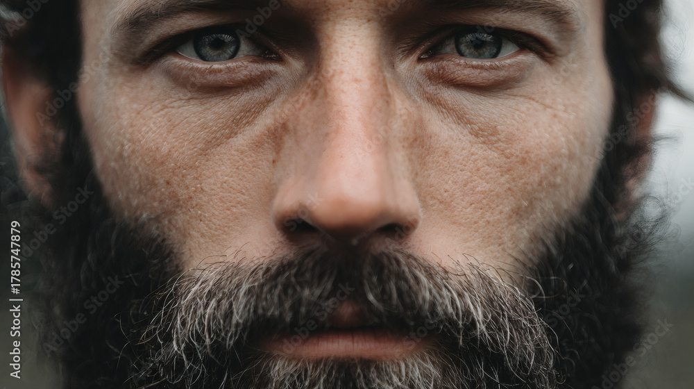 Obraz premium Man with intense eyes and rugged beard looking directly forward, serious expression