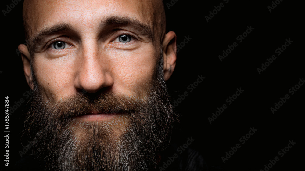 Obraz premium Bald man with beard and blue eyes on black background looking at camera