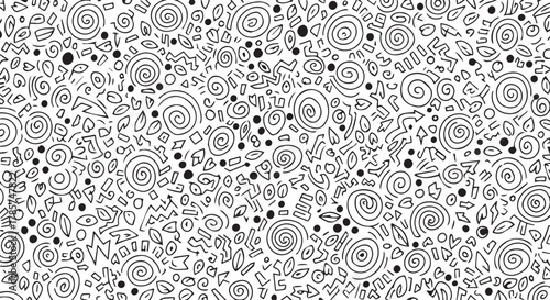 Abstract seamless doodle pattern vector background with swirling lines and organic elements in black and white