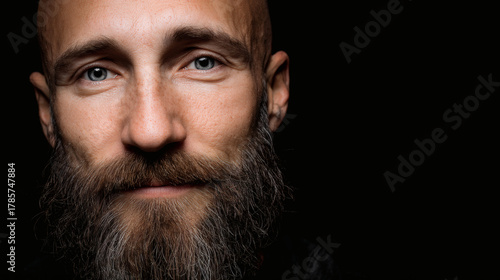 Bald man with beard and blue eyes on black background looking at camera