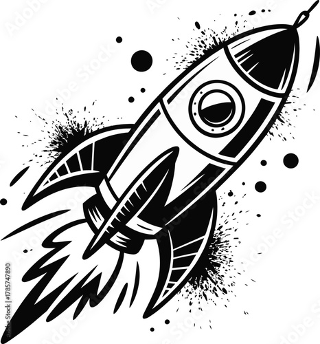 Stylized black and white rocket taking off, grunge art effect