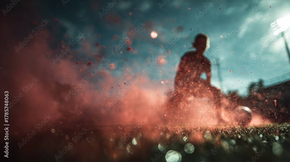 Fototapeta premium Bright smoke surrounds a young player as they skillfully dribble a soccer ball on the field