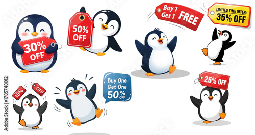 Delightful penguin characters showcasing sale promotions and discounts like 10, 25, 30, 35, 50 percent off and buy one get one free deal