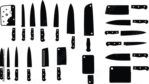 Collection of kitchen knife and cutting board silhouettes, chef tools, culinary equipment illustration, cooking utensils design, food preparation cutlery artwork