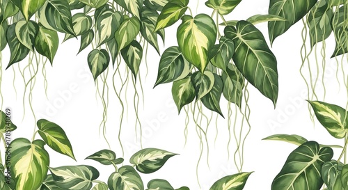 A beautiful watercolor illustration of lush hanging tropical plants and vines creating a seamless botanical border on a white background