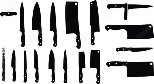 Collection of kitchen knife silhouettes including chef knife, cleaver, paring knife, utility blade, culinary tools illustration, cooking equipment design