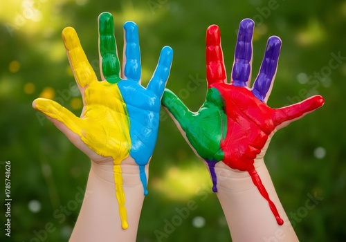 Fototapeta Naklejka Na Ścianę i Meble -  Child's hands covered in vibrant paint against a blurred green background in a playful display of color