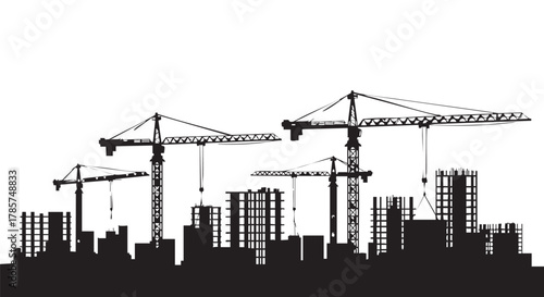 Silhouette of construction cranes and buildings against a white background, representing urban development and architectural progress.