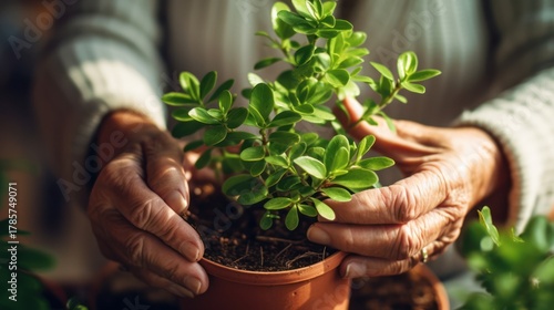 a person's hands gently holding a potted plant with green leaves, weathered and worn hands, soil, terracotta pot, gardening, hands caring for plant, nature, indoor plant, close-up, warm, natural light