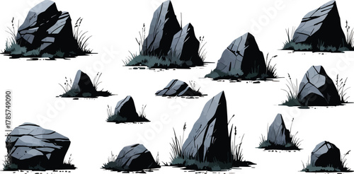 Rock and stone illustration set with rugged boulders, small rocks, grass details and natural landscape elements