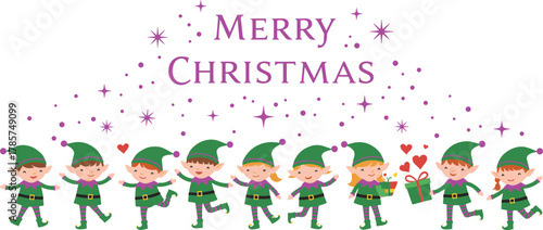 Merry Christmas festive elves dancing together, holiday celebration illustration with gifts, hearts, stars, joy, cheerful cartoon characters, seasonal artwork, whimsical design