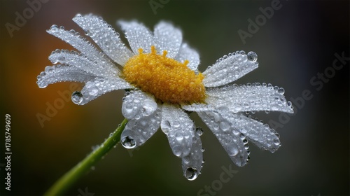 Close-up view of a white daisy covered in water droplets in a vibrant garden setting during early morning light