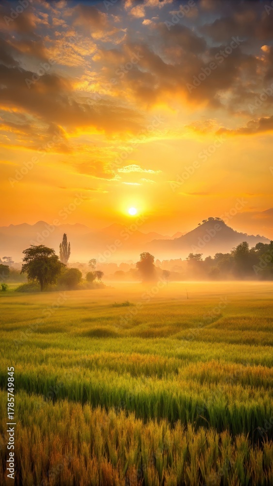 Fototapeta premium Golden sunrise over a vast expanse of sun-kissed rice fields in rural Thailand