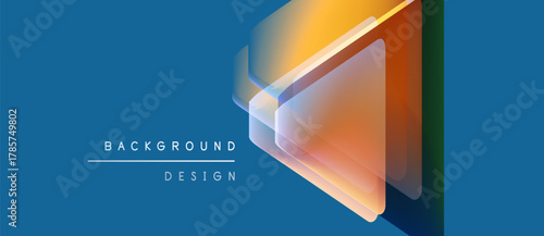 Abstract geometric shapes overlap, creating vibrant layered design. Blue background complements warm orange, yellow tones. Modern aesthetic.