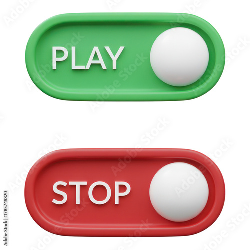3d render of green play button and red stop button toggle switch controls for multimedia interface