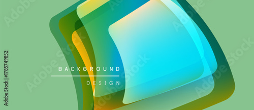 Abstract layered shapes, vibrant colors, modern design. Light green backdrop complements blue, orange hues. Text reads background design.