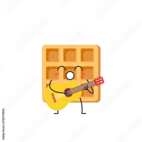 Viennese waffle cute cartoon character, a symbol of a delicious sweet breakfast, plays guitar and sings, smile face kawaii joy happy emotions icon vector illustration.