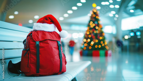 Red backpack with santa hat sitting on airport terminal bench, symbolizing christmas travel and holiday season journeys