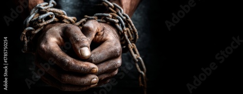 Enslaved black man's hands chained and bound in darkness  