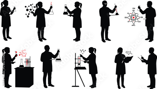 Scientists performing laboratory experiments, chemistry research and molecular analysis, lab workers testing chemical reactions, science and innovation concept illustration