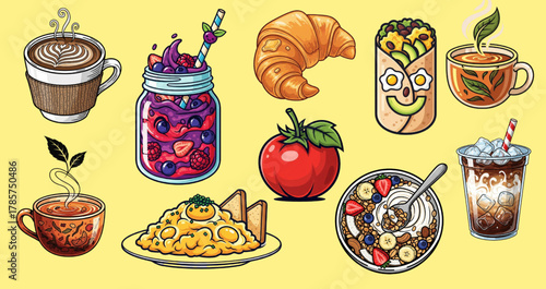 Delicious brunch spread featuring coffee, smoothie, pastry, burrito, tea, tomato, eggs, granola, and iced latte for a vibrant food menu design