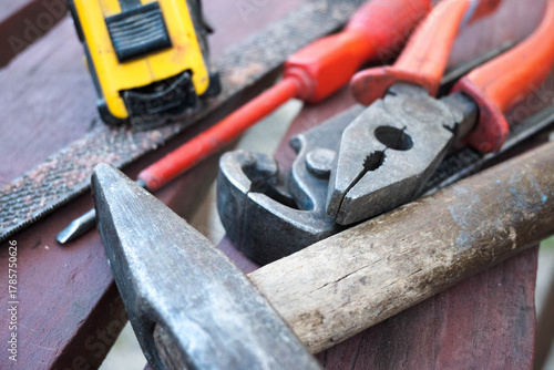 Workshop tools on a workbench, DIY.
