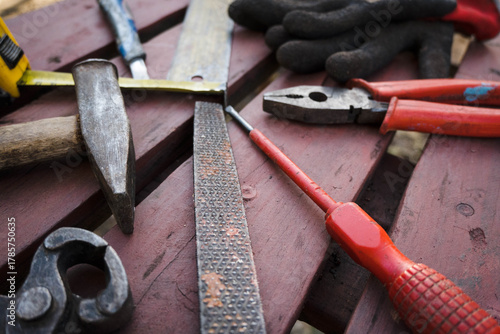 Workshop tools on a workbench, DIY.
