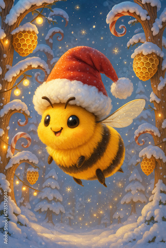 Festive bee wearing a Santa hat, joyfully flying through a snowy winter wonderland scene