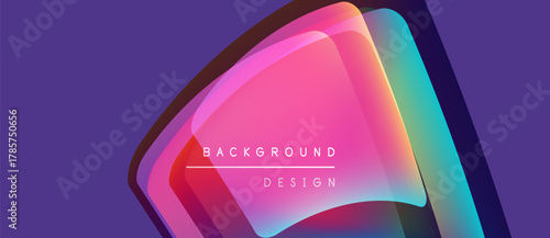 Abstract vibrant layers create dynamic visual effect. Purple backdrop enhances colorful shapes, text reads background design.