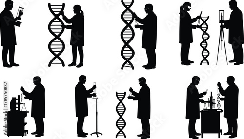 Scientists working with DNA helix models, genetic research, biotechnology laboratory concept, molecular biology experiment, genome sequencing, scientific innovation, laboratory teamwork