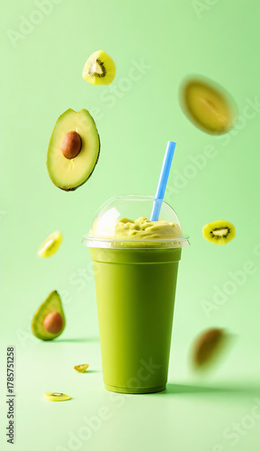studio shot of a refreshing green smoothie made from avocado and kiwi, in a clear plastic cup with a dome lid and a blue straw.