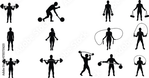 Silhouette collection of people exercising with barbells and jump ropes — fitness, gym, workout, strength, and cardio training poses