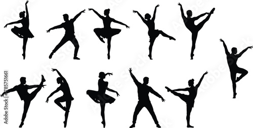 Silhouette of ballet dancers performing artistic poses, graceful movements, classical dance choreography, elegant expression, balance, flexibility, and beauty in motion