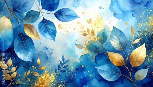Watercolor art of leaves in blue hues and gold accents, creating a dreamy, ethereal feel