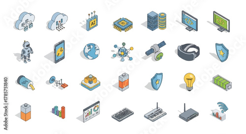 Explore innovative technology solutions and futuristic concepts with these modern isometric icons for your designs