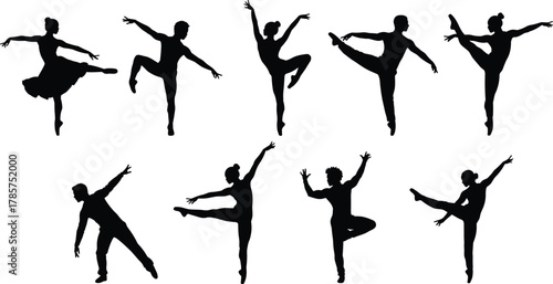 Silhouette of ballet dancers performing elegant poses, graceful movement, classical dance, art expression, flexibility, balance, and beauty in motion