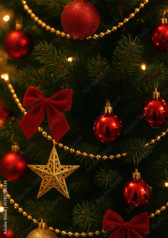Naklejka premium Festive Christmas tree decorations wallpaper.