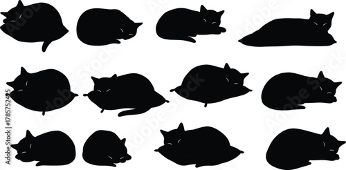 Silhouette of sleeping cats in various poses, resting peacefully, adorable pets, domestic animals, feline relaxation, comfort, and cozy sleep illustration