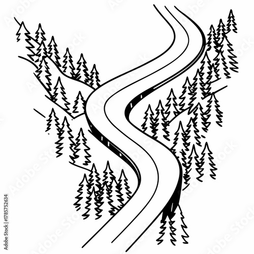 Illustration of a winding road through a forest with pine trees on either side in black and white style created with generative ai