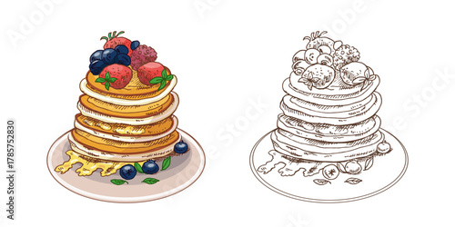 Hand drawn vintage sketch of pancakes with honey and berries in color and monochrome version, isolated vector illustration