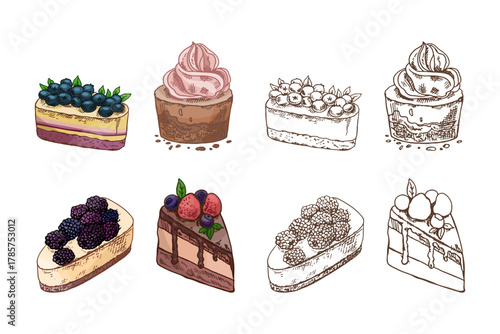 Hand drawn vintage dessert set of cheesecakes and cakes with berries in color and monochrome version, isolated vector illustration