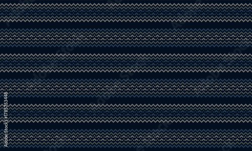 Geometric abstract seamless pattern with horizontal zigzag line in blue n grey on dark blue background. Vector illustration, for masculine shirt lady dress cloth cover decoration textile wallpaper 