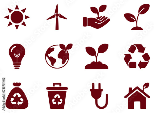 Collection of Eco-Friendly and Sustainability Icons in Maroon