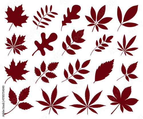 Collection of Maroon Leaf Silhouettes on White Background