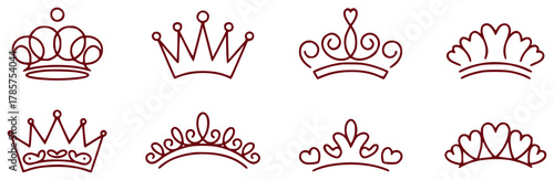 Collection of Eight Stylized Crown and Tiara Line Art Icons